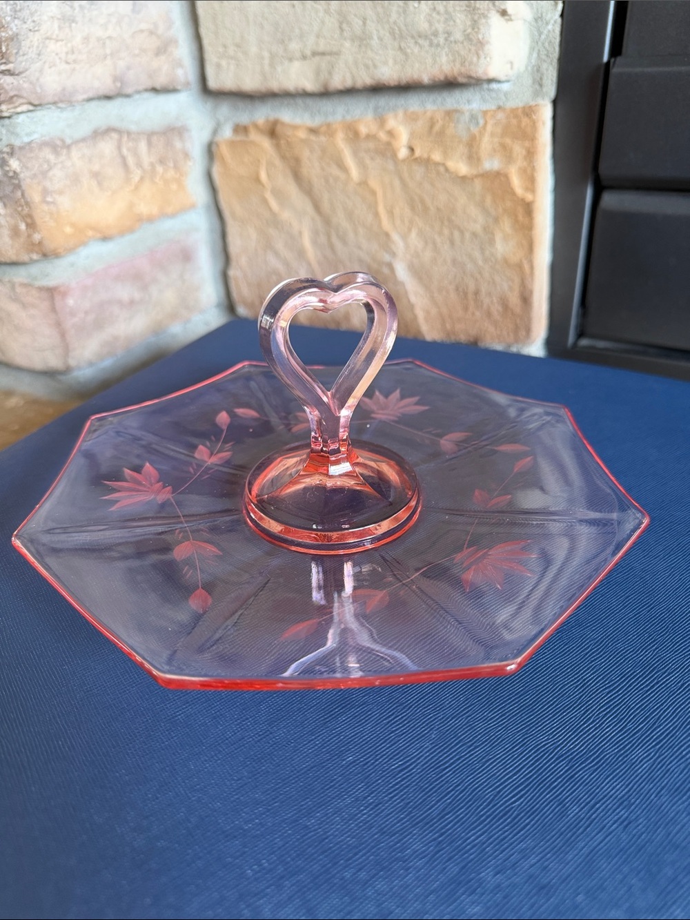 Pink Depression Glass Tid Bit Tray Heart Shaped Handle